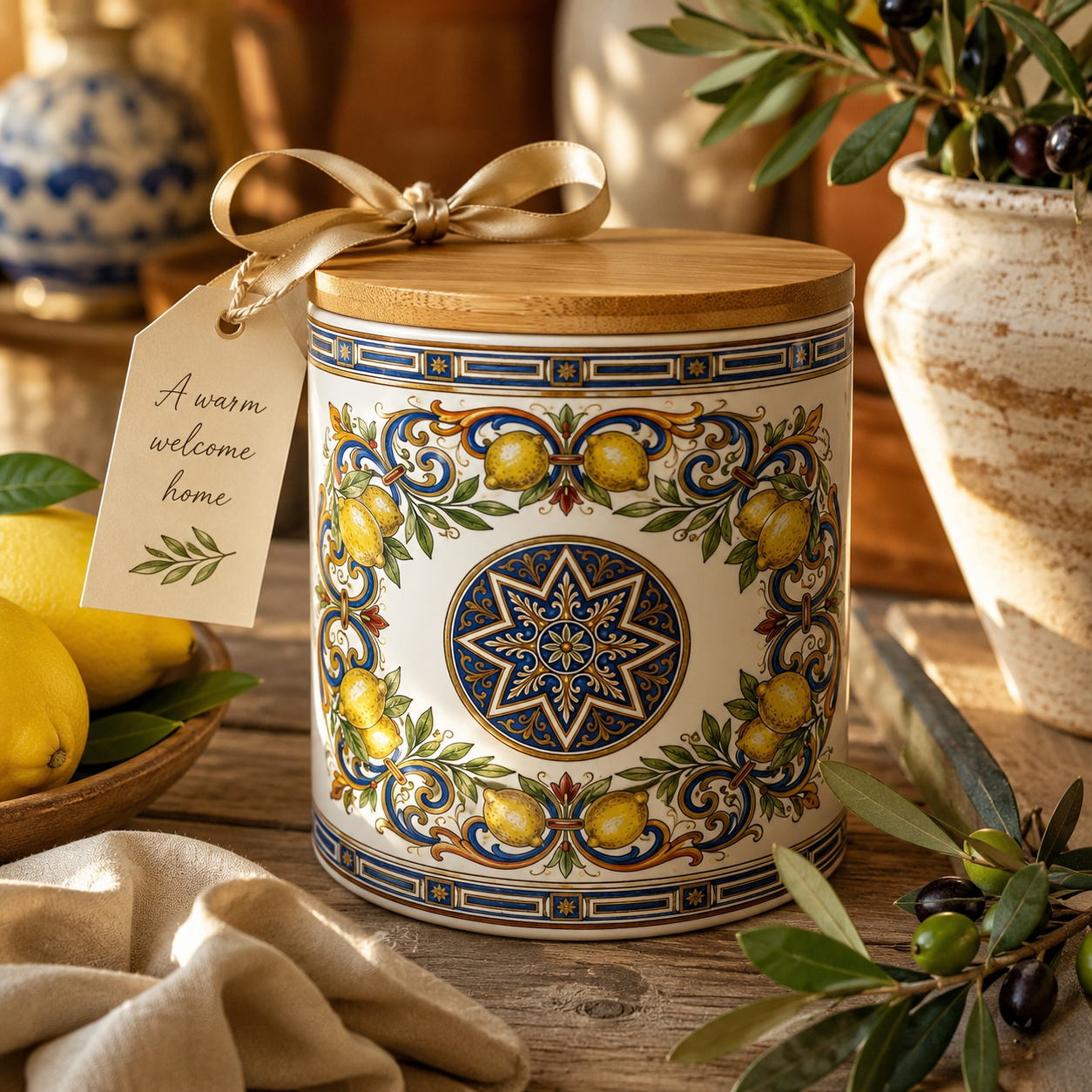 Italian Ceramic Kitchen Canister 16oz with Bamboo Sealing Lid - Mediterranean Lemon Ceramic Jar
