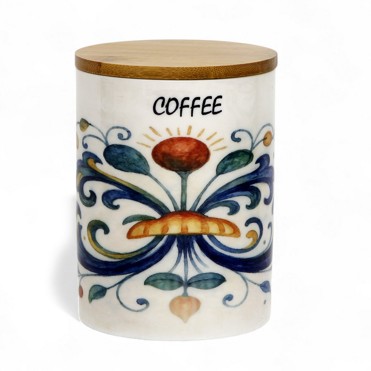 RICCO ITALIA DERUTA: Porcelain storage tall storage jar with sealing bamboo lid Ricco Italia Deruta 'COFFEE or CAFFE''
