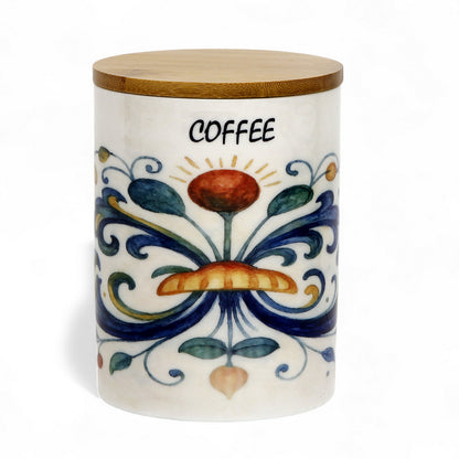 RICCO ITALIA DERUTA: Porcelain storage tall storage jar with sealing bamboo lid Ricco Italia Deruta 'COFFEE or CAFFE''