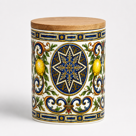 Ceramic Kitchen Canister Italian Design 25oz with Bamboo Sealing Lid - Mediterranean Lemon Ceramic Jar