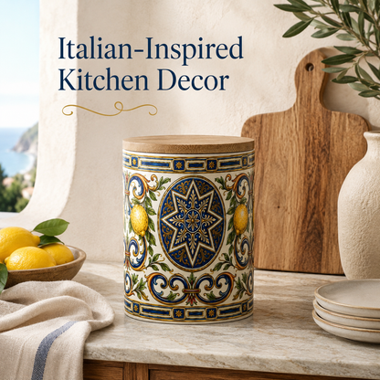 Italian Ceramic Kitchen Canister 25oz with Bamboo Sealing Lid - Mediterranean Lemon Ceramic Jar (Copia)