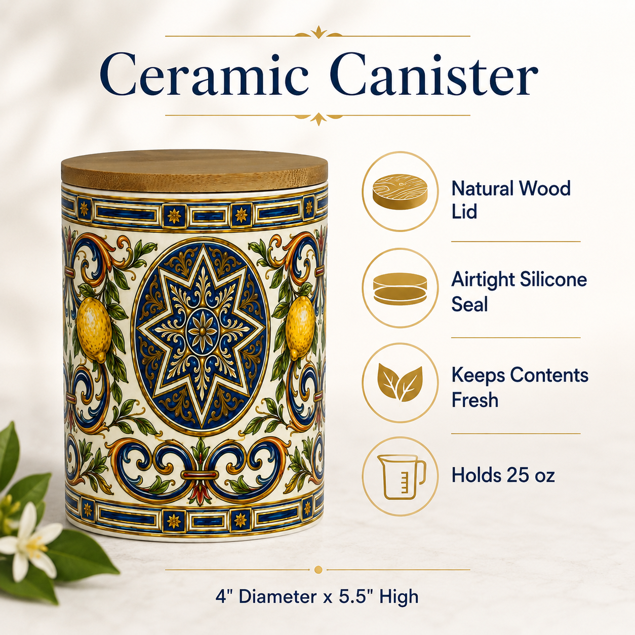 Italian Ceramic Kitchen Canister 25oz with Bamboo Sealing Lid - Mediterranean Lemon Ceramic Jar (Copia)