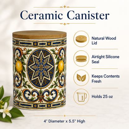 Italian Ceramic Kitchen Canister 25oz with Bamboo Sealing Lid - Mediterranean Lemon Ceramic Jar (Copia)