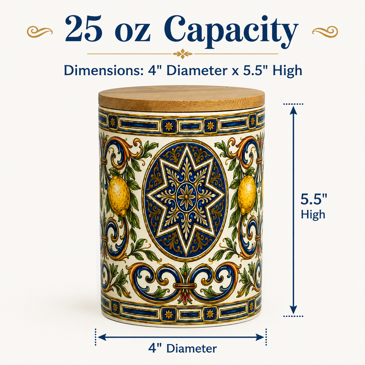 Italian Ceramic Kitchen Canister 25oz with Bamboo Sealing Lid - Mediterranean Lemon Ceramic Jar (Copia)