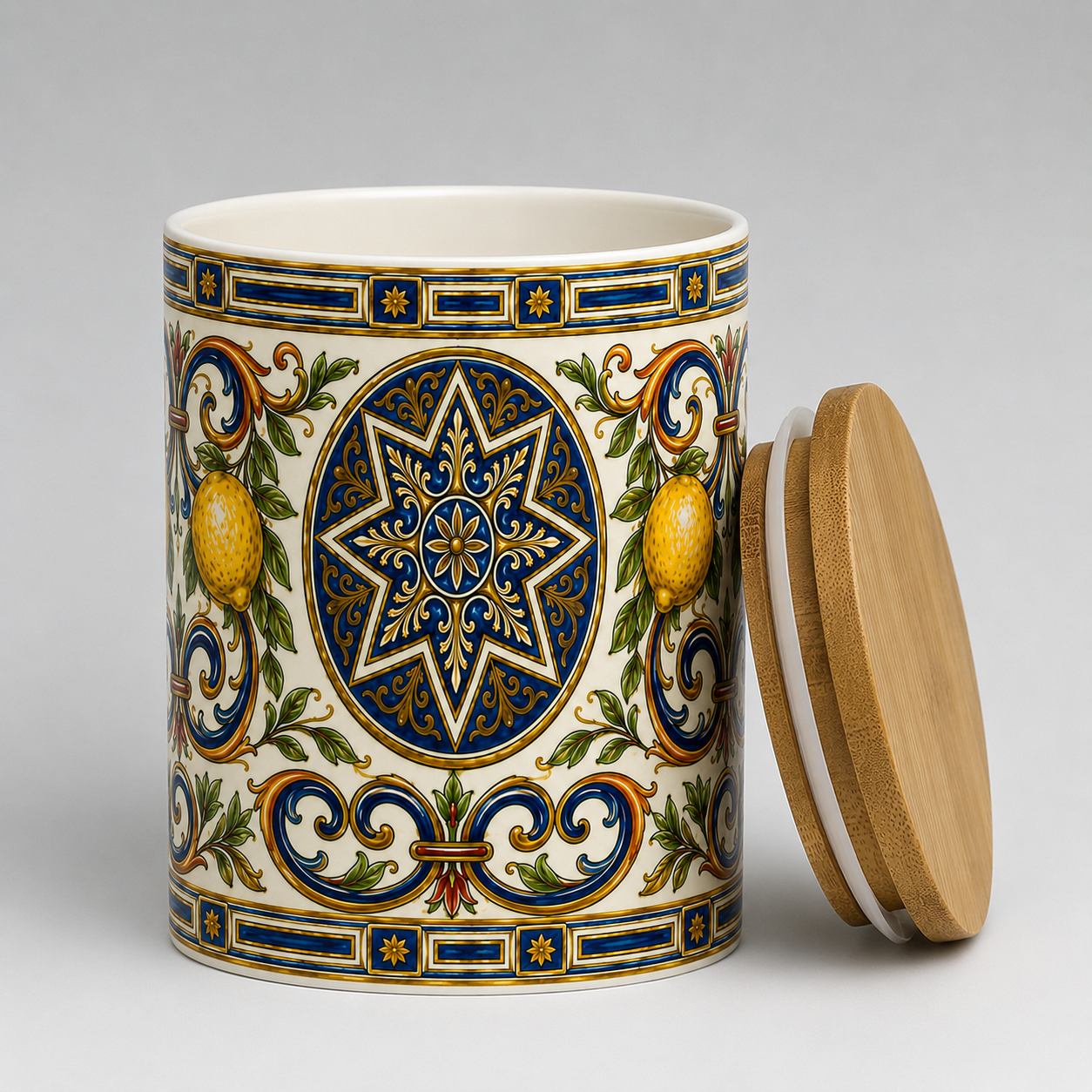 Italian Ceramic Kitchen Canister 25oz with Bamboo Sealing Lid - Mediterranean Lemon Ceramic Jar (Copia)