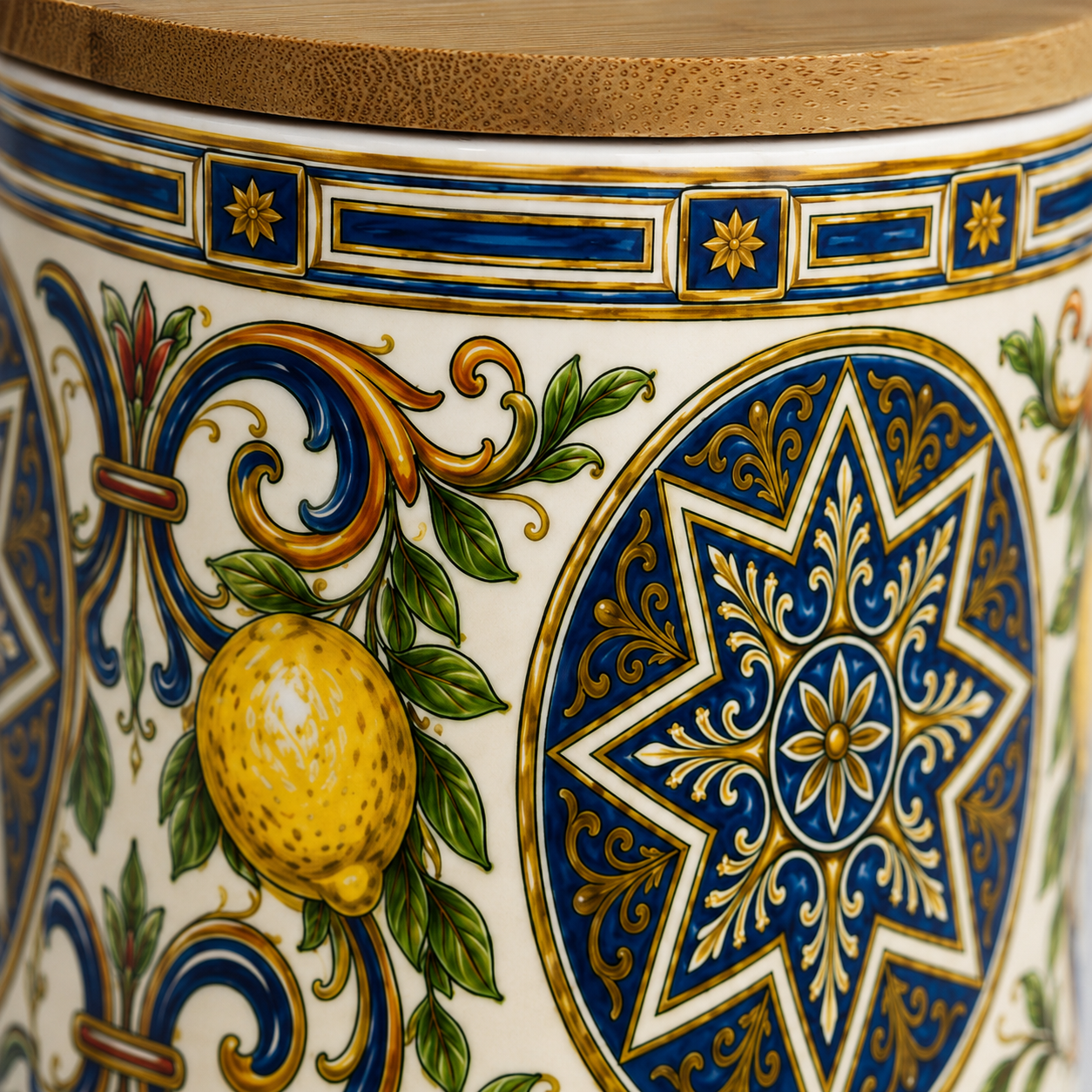 Italian Ceramic Kitchen Canister 25oz with Bamboo Sealing Lid - Mediterranean Lemon Ceramic Jar (Copia)