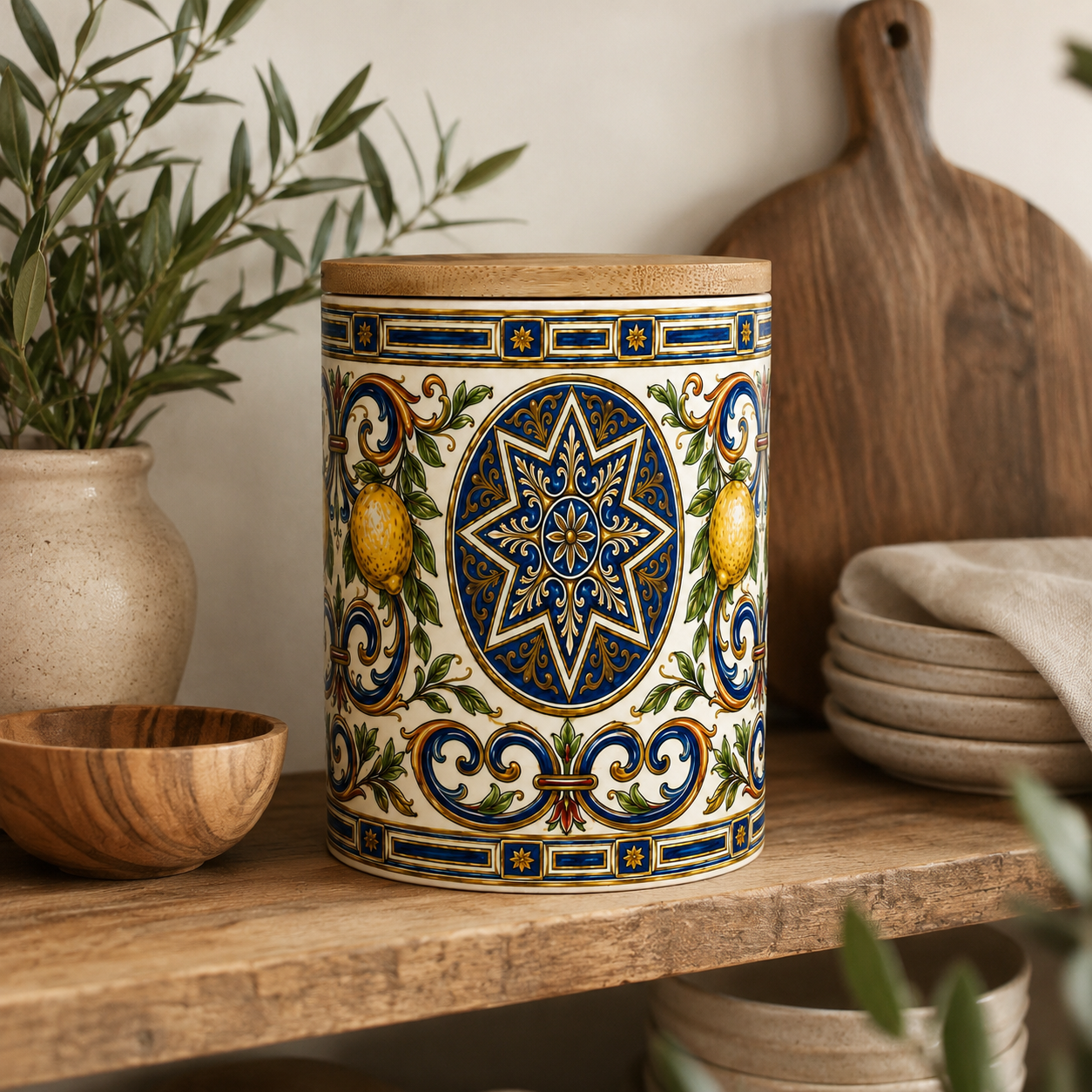 Italian Ceramic Kitchen Canister 25oz with Bamboo Sealing Lid - Mediterranean Lemon Ceramic Jar (Copia)