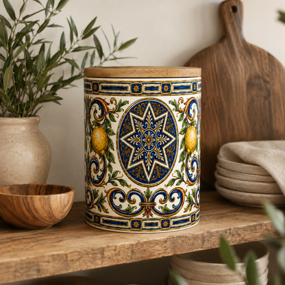 Italian Ceramic Kitchen Canister 25oz with Bamboo Sealing Lid - Mediterranean Lemon Ceramic Jar (Copia)