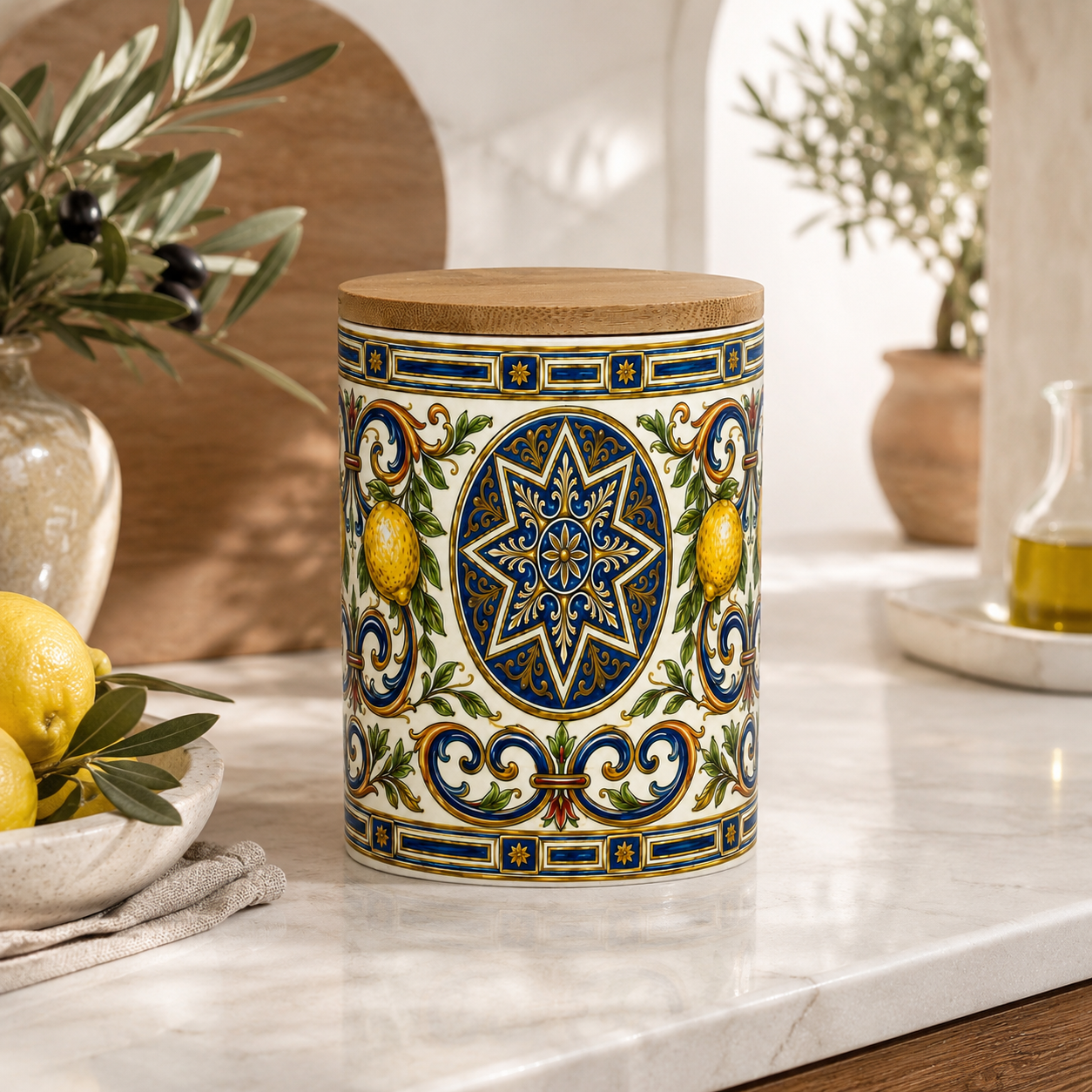 Italian Ceramic Kitchen Canister 25oz with Bamboo Sealing Lid - Mediterranean Lemon Ceramic Jar (Copia)