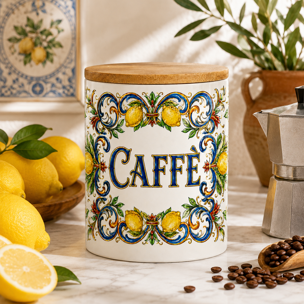 Italian Ceramic Kitchen Canister 25oz with Bamboo Sealing Lid - Caffè  Ceramic Jar