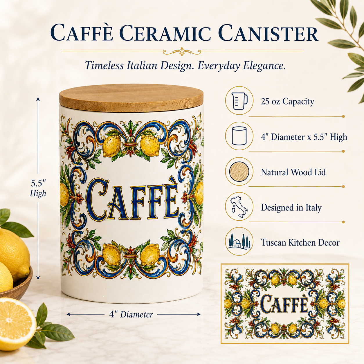 Italian Ceramic Kitchen Canister 25oz with Bamboo Sealing Lid - Caffè  Ceramic Jar