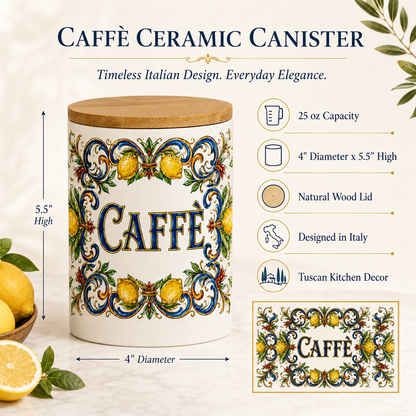 Italian Ceramic Kitchen Canister 25oz with Bamboo Sealing Lid - Caffè  Ceramic Jar