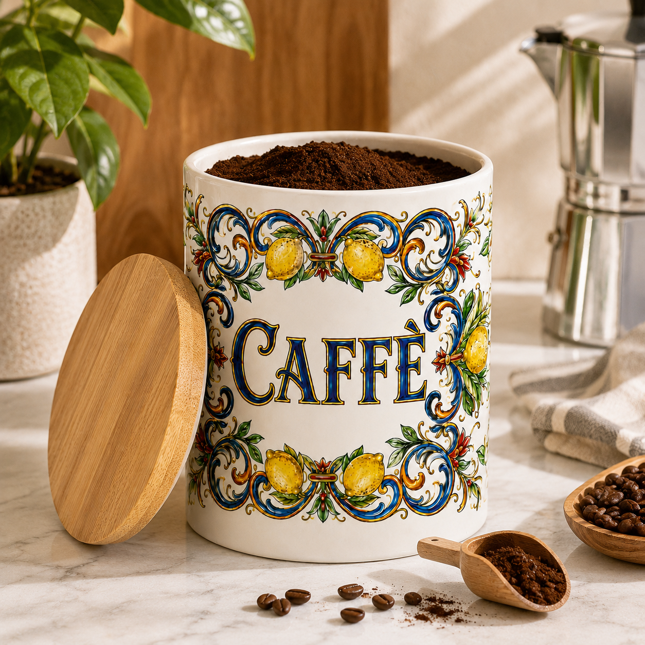 Italian Ceramic Kitchen Canister 25oz with Bamboo Sealing Lid - Caffè  Ceramic Jar