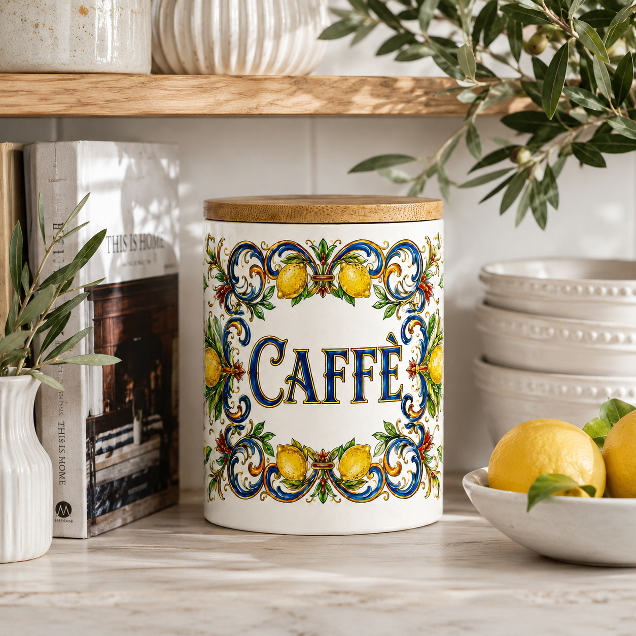 Italian Ceramic Kitchen Canister 25oz with Bamboo Sealing Lid - Caffè  Ceramic Jar