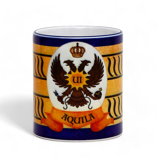 PALIO DI SIENA: Porcelain printed mug - Blue Handle & Rim - Design by Mario Bruno - AQUILA (Eagle)