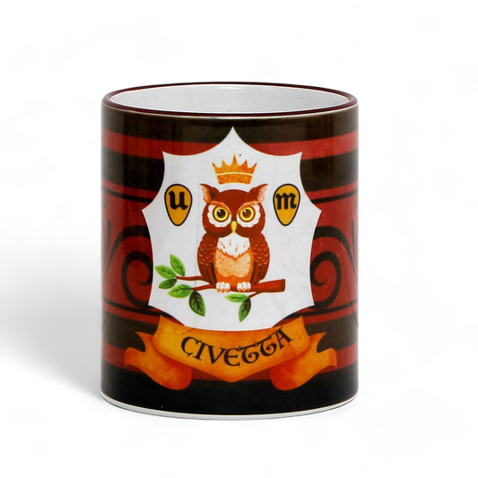 PALIO DI SIENA: Porcelain printed mug - Brown Handle & Rim - Design by Mario Bruno - CIVETTA (Owl)