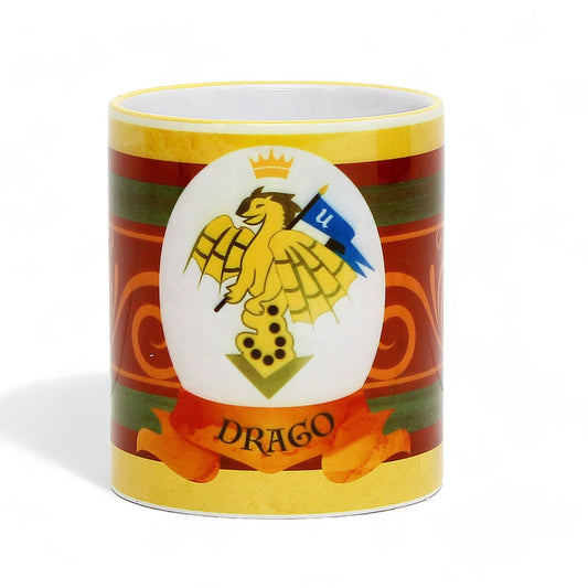 PALIO DI SIENA: Porcelain printed mug - Yellow Handle & Rim - Design by Mario Bruno - DRAGO (Dragon)