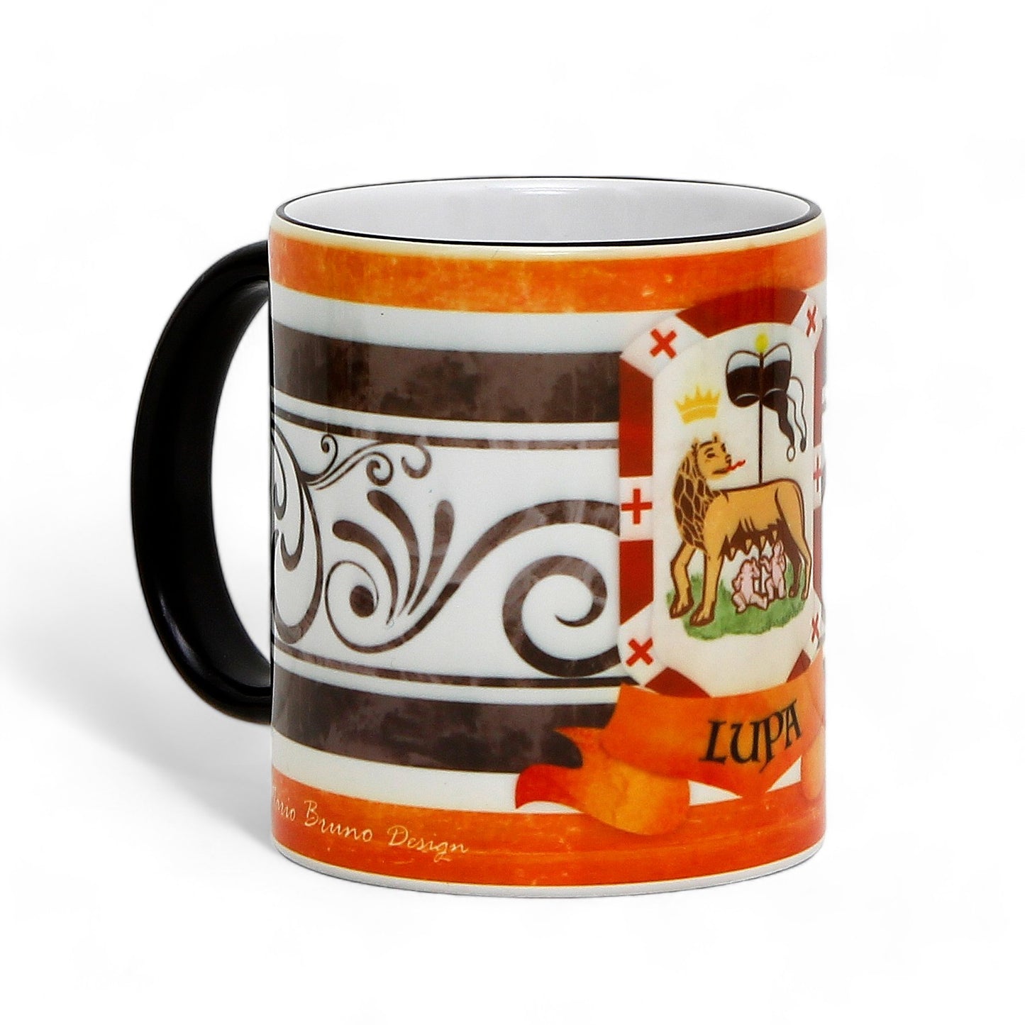PALIO DI SIENA: Porcelain printed mug - Black Handle & Rim - Design by Mario Bruno - LUPA (She Wolf)