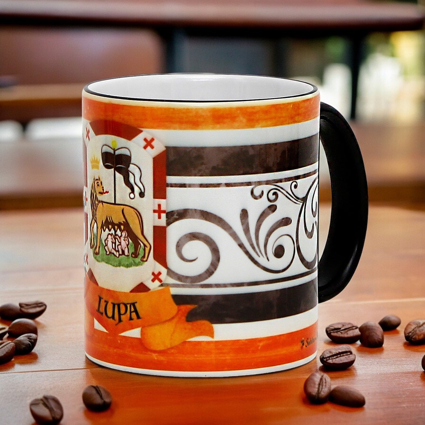 PALIO DI SIENA: Porcelain printed mug - Black Handle & Rim - Design by Mario Bruno - LUPA (She Wolf)