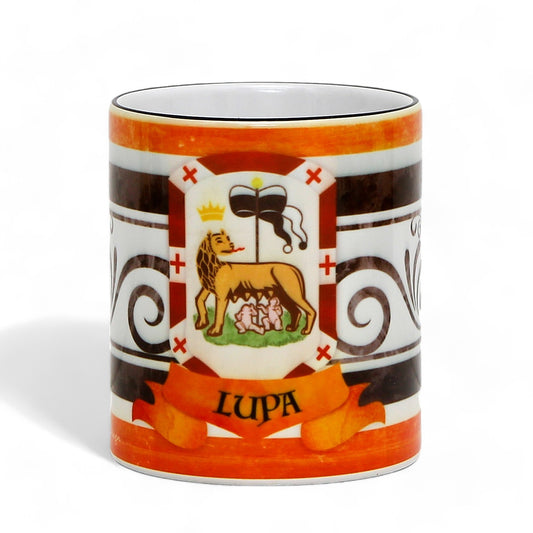 PALIO DI SIENA: Porcelain printed mug - Black Handle & Rim - Design by Mario Bruno - LUPA (She Wolf)