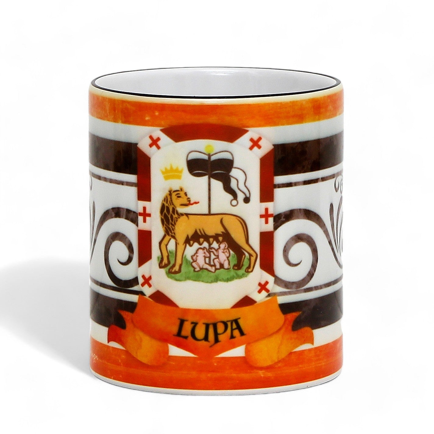 PALIO DI SIENA: Porcelain printed mug - Black Handle & Rim - Design by Mario Bruno - LUPA (She Wolf)