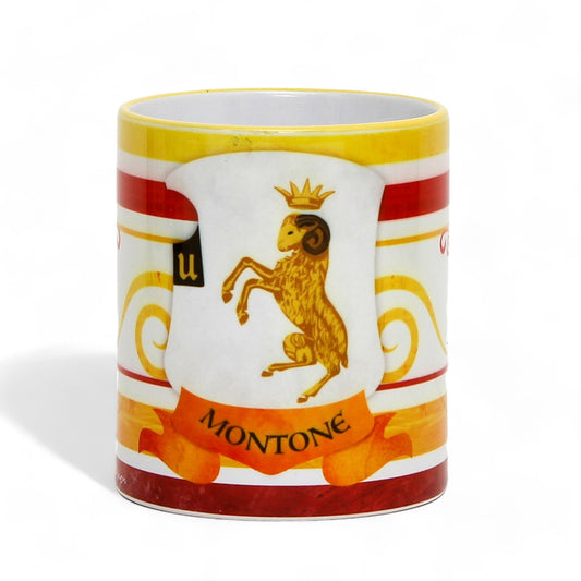 PALIO DI SIENA: Porcelain printed mug - Yellow Handle & Rim - Design by Mario Bruno - MONTONE (Ram)