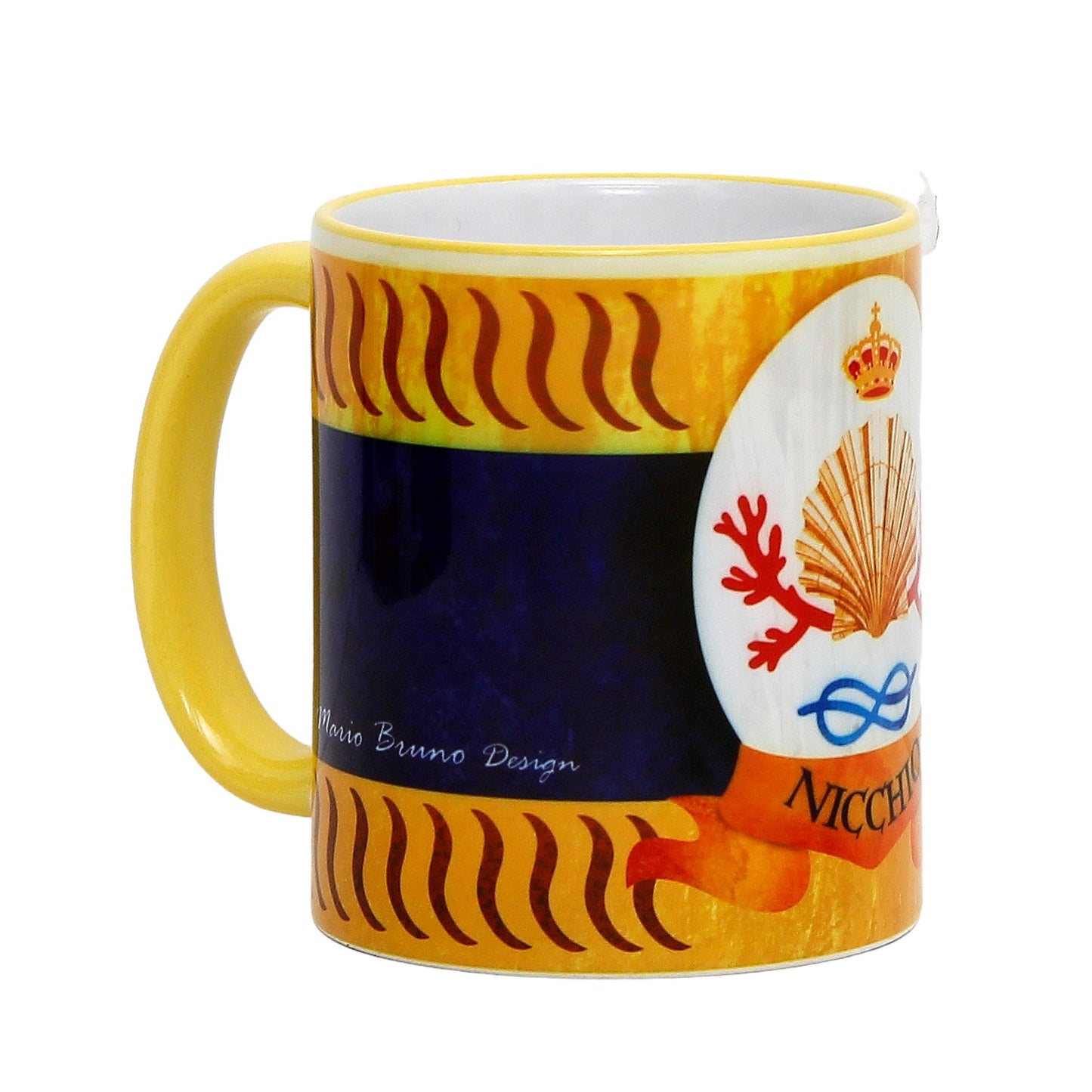 PALIO DI SIENA: Porcelain printed mug - Yellow Handle & Rim - Design by Mario Bruno - NICCHIO (Shell)