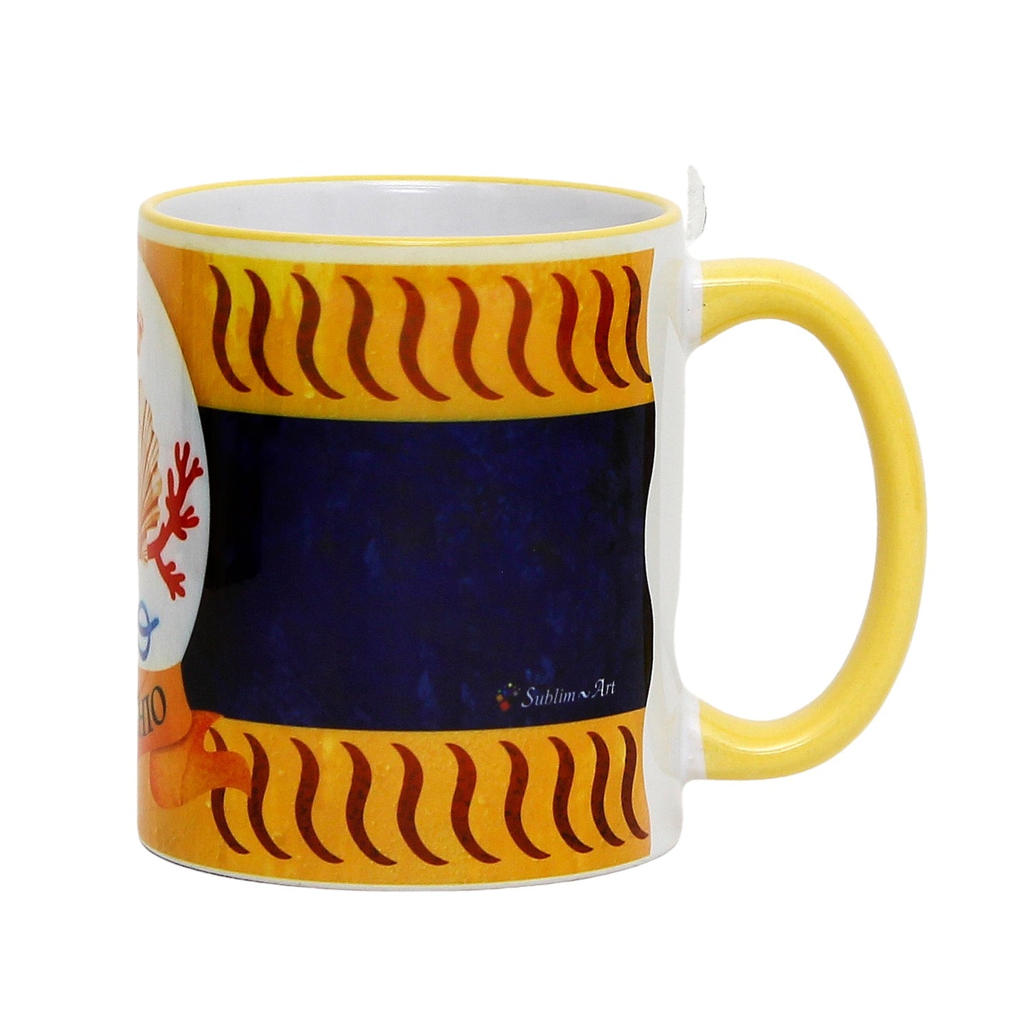 PALIO DI SIENA: Porcelain printed mug - Yellow Handle & Rim - Design by Mario Bruno - NICCHIO (Shell)