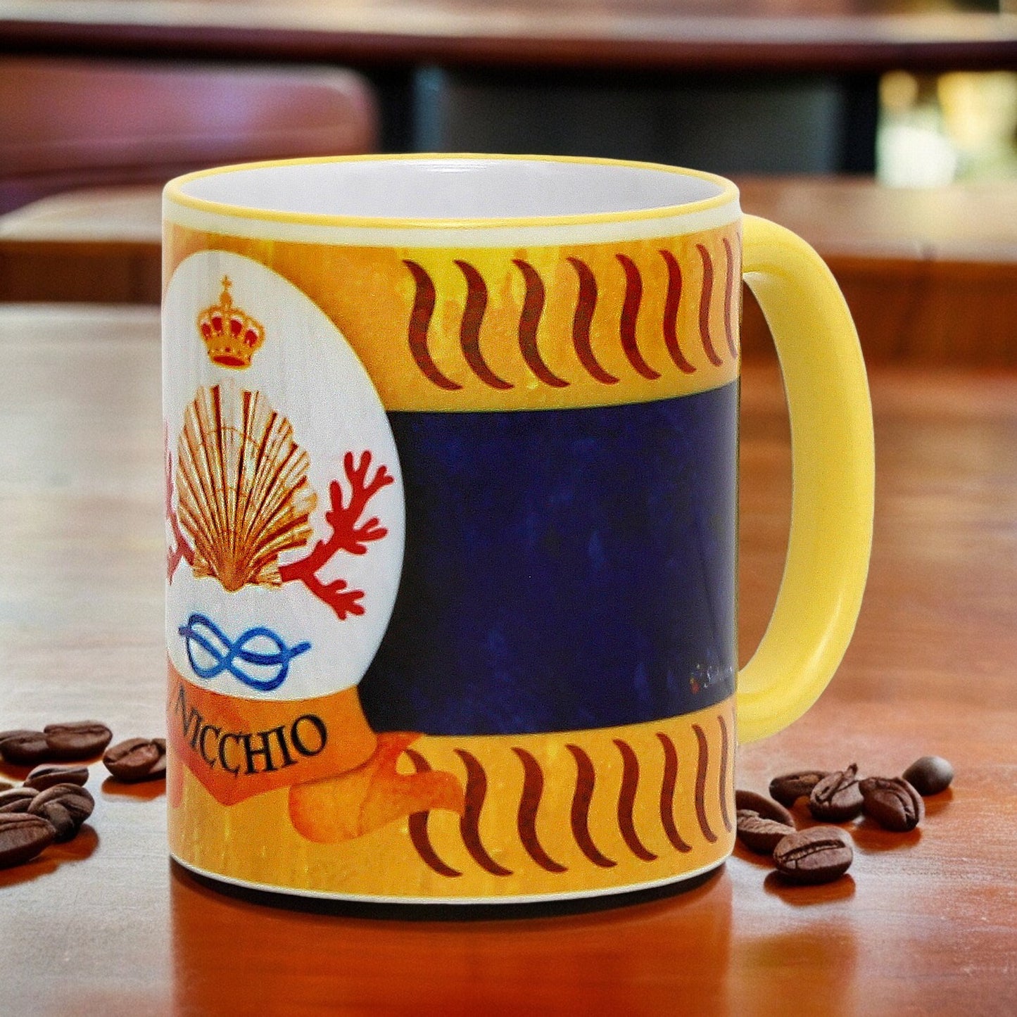 PALIO DI SIENA: Porcelain printed mug - Yellow Handle & Rim - Design by Mario Bruno - NICCHIO (Shell)