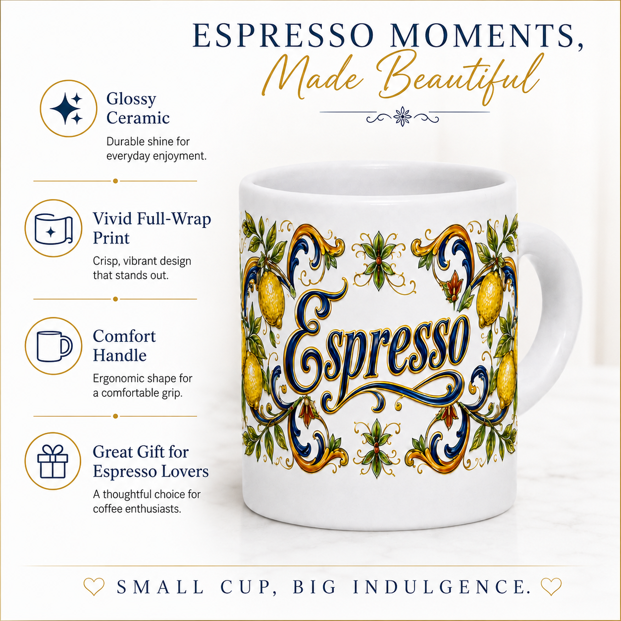 ESPRESSO CUP: Ceramic Mini Mug - Tuscan Lemon Design "Caffè Italia"