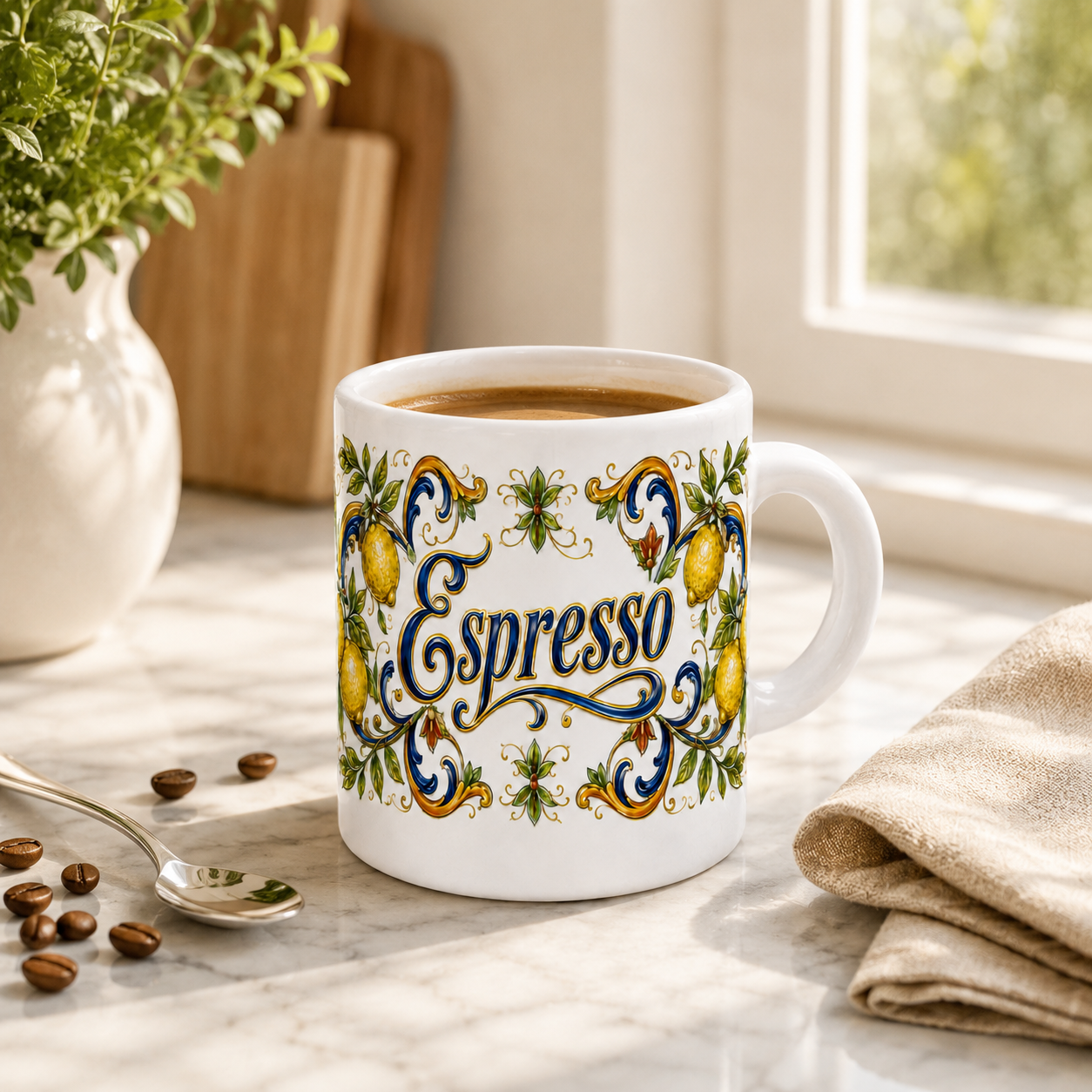 ESPRESSO CUP: Ceramic Mini Mug - Tuscan Lemon Design "Caffè Italia"