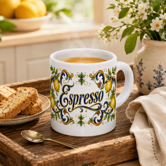 ESPRESSO CUP: Ceramic Mini Mug - Tuscan Lemon Design "Caffè Italia"