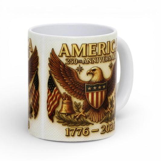 SUBLIMART: USA-250 Anniversary Mug - White Handle with Eagle on off white Background (11 Oz)