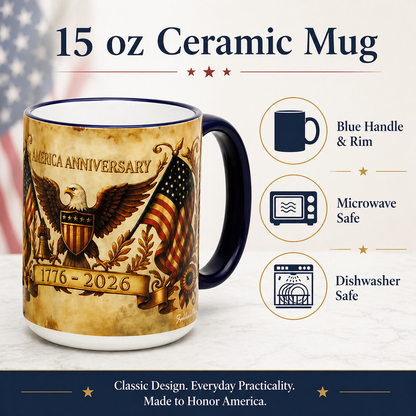 SUBLIMART: USA-250 Anniversary Mug - Blue Handle & Rim Old World Design (15 Oz)
