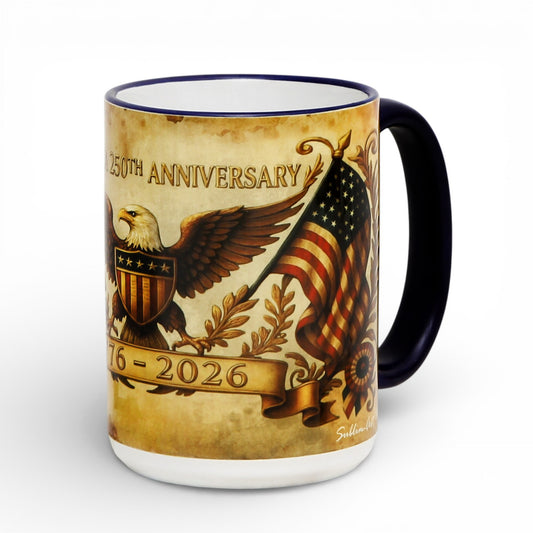 SUBLIMART: USA-250 Anniversary Mug - Blue Handle & Rim Old World Design (15 Oz)