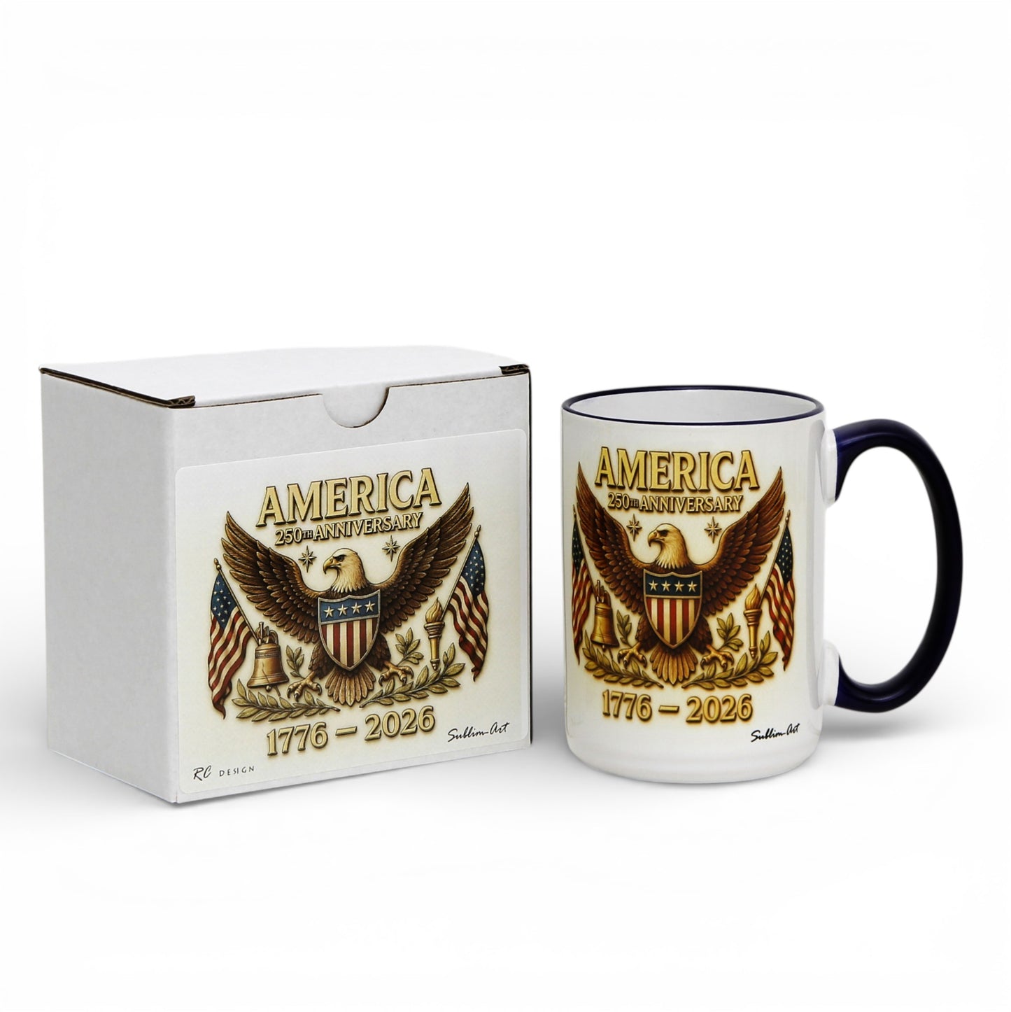 SUBLIMART: USA-250 Anniversary Mug - Blue Handle & Rim with Eagle on off white Background (15 Oz)