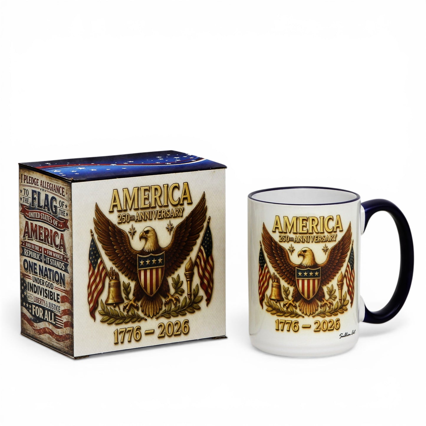 SUBLIMART: USA-250 Anniversary Mug - Blue Handle & Rim with Eagle on off white Background (15 Oz)