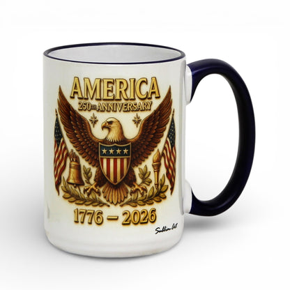 SUBLIMART: USA-250 Anniversary Mug - Blue Handle & Rim with Eagle on off white Background (15 Oz)