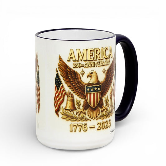 SUBLIMART: USA-250 Anniversary Mug - Blue Handle & Rim with Eagle on off white Background (15 Oz)
