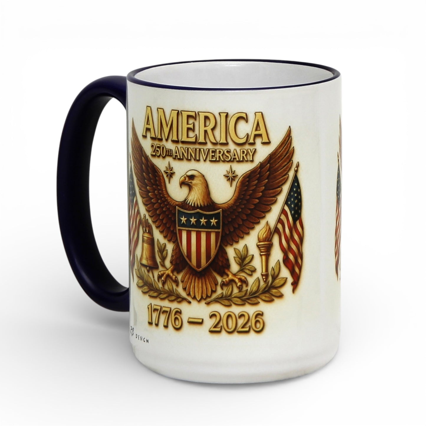 SUBLIMART: USA-250 Anniversary Mug - Blue Handle & Rim with Eagle on off white Background (15 Oz)