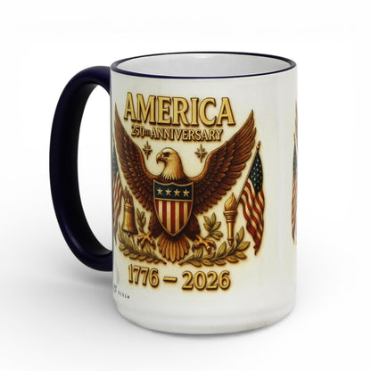 SUBLIMART: USA-250 Anniversary Mug - Blue Handle & Rim with Eagle on off white Background (15 Oz)