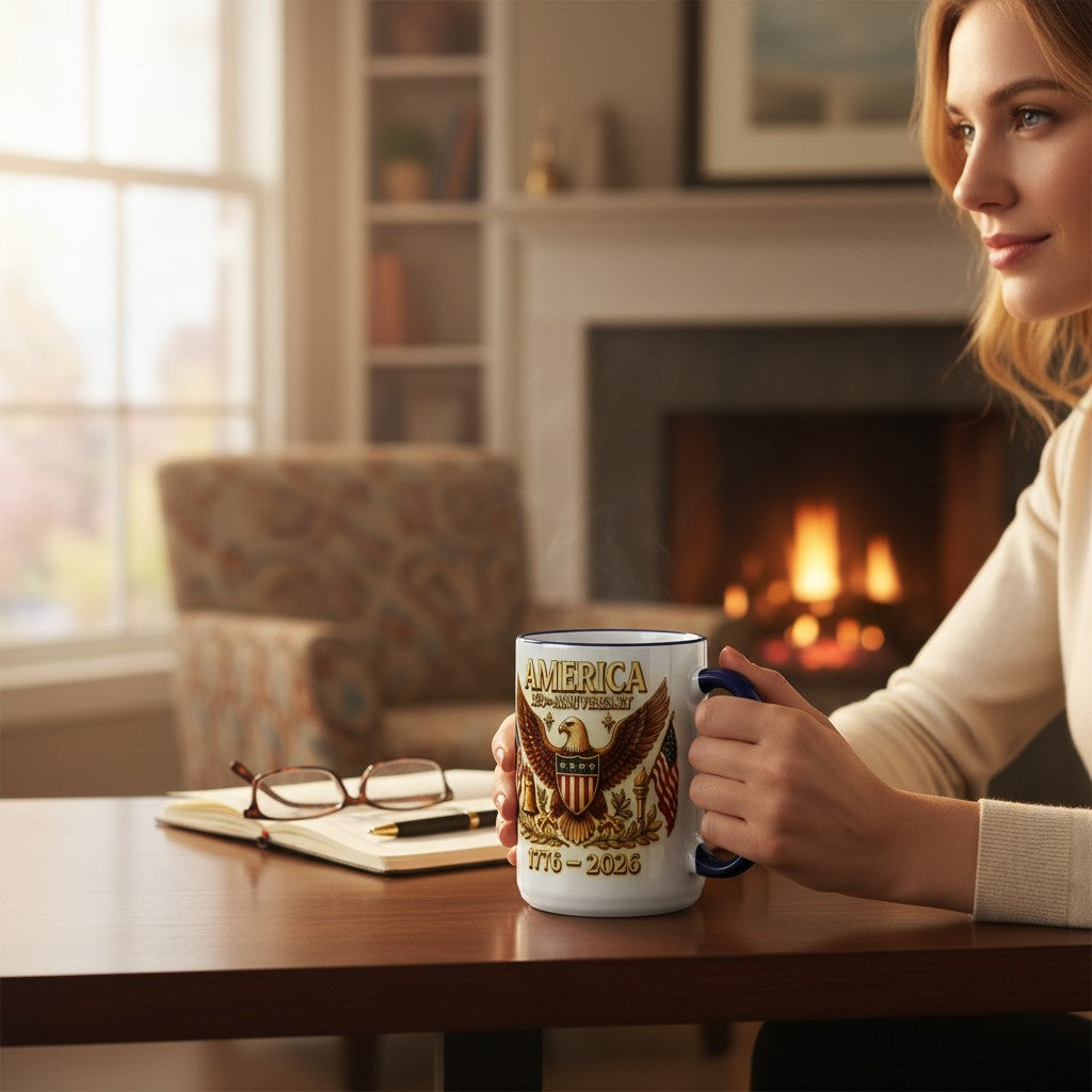 SUBLIMART: USA-250 Anniversary Mug - Blue Handle & Rim with Eagle on off white Background (15 Oz)