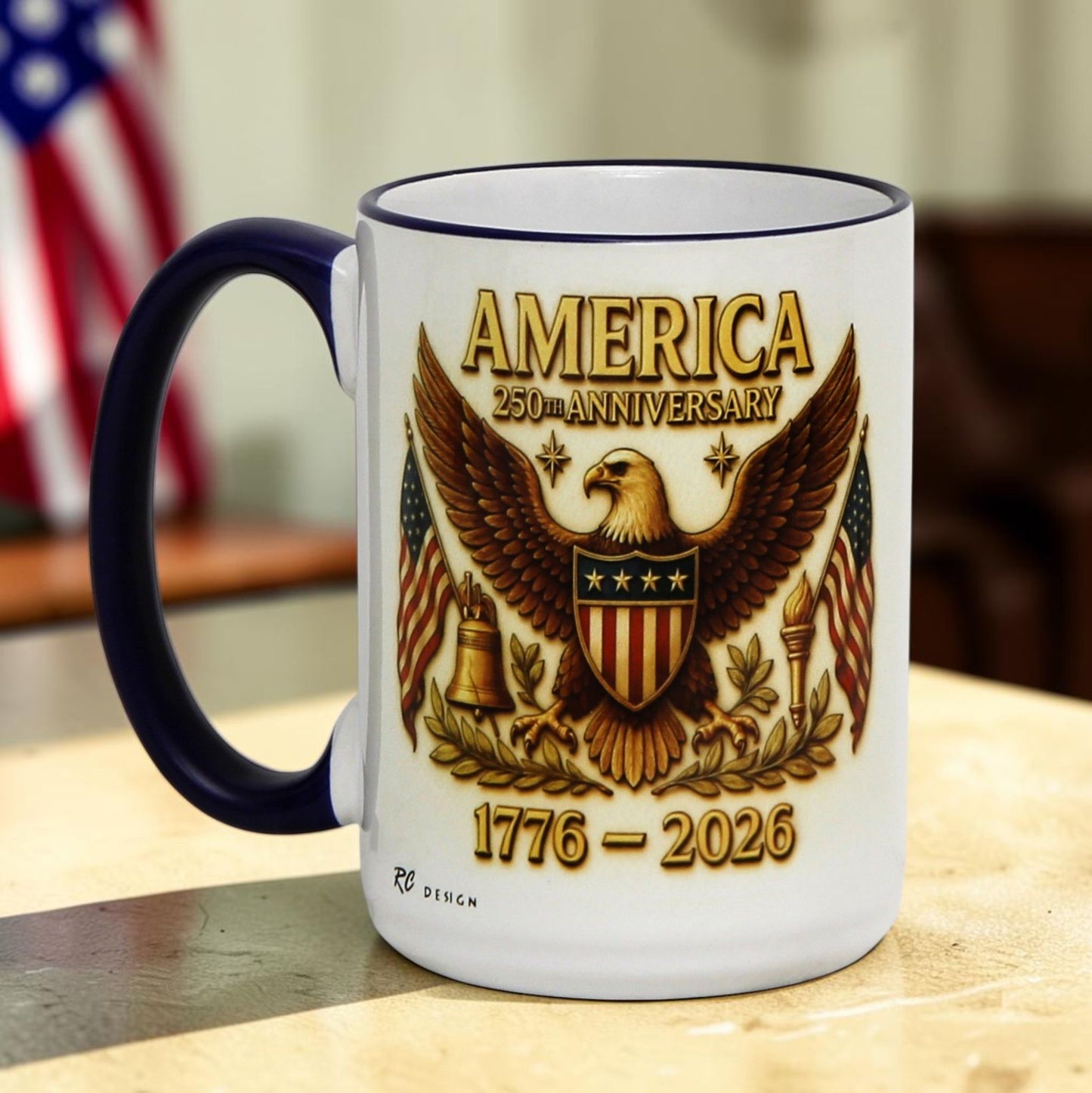 SUBLIMART: USA-250 Anniversary Mug - Blue Handle & Rim with Eagle on off white Background (15 Oz)