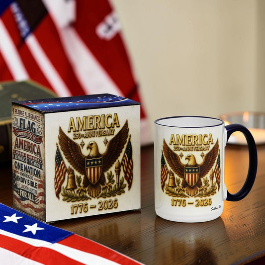 SUBLIMART: USA-250 Anniversary Mug - Blue Handle & Rim with Eagle on off white Background (15 Oz)