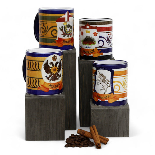 PALIO DI SIENA: Porcelain printed mug Set of 4 bundle: AQUILA+BRUCO+ISTRICE+LEOCORNO