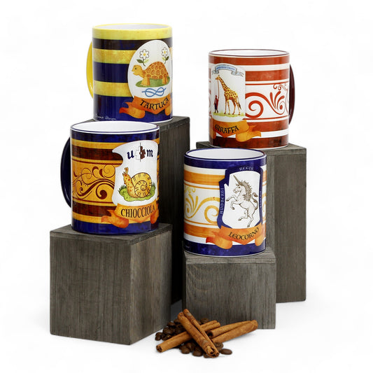 PALIO DI SIENA: Porcelain printed mug Set of 4 bundle: CHIOCCIOLA+TARTUCA+GIRAFFA+LEOCORNO