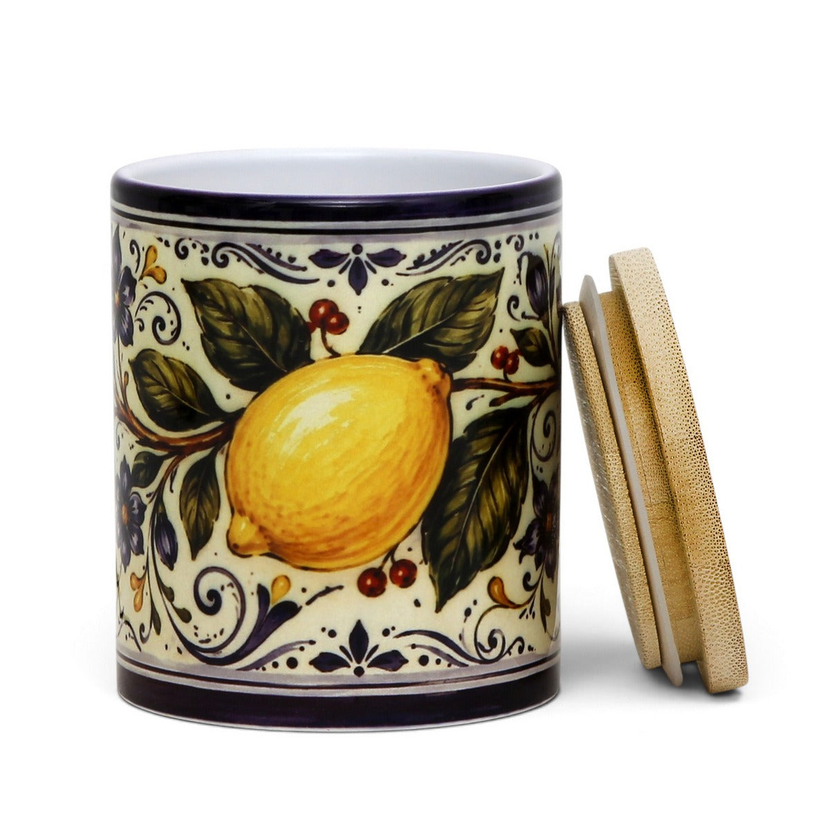 Ceramic Kitchen Jar Italian Design, 11 oz Storage Canister with Wood Lid