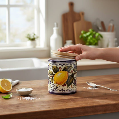 Ceramic Kitchen Jar Italian Design, 11 oz Storage Canister with Wood Lid