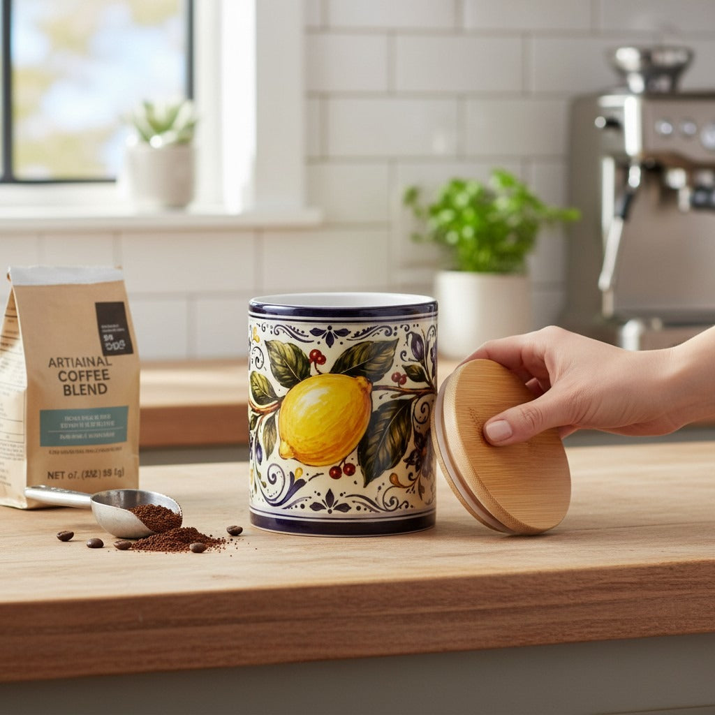 Ceramic Kitchen Jar Italian Design, 11 oz Storage Canister with Wood Lid