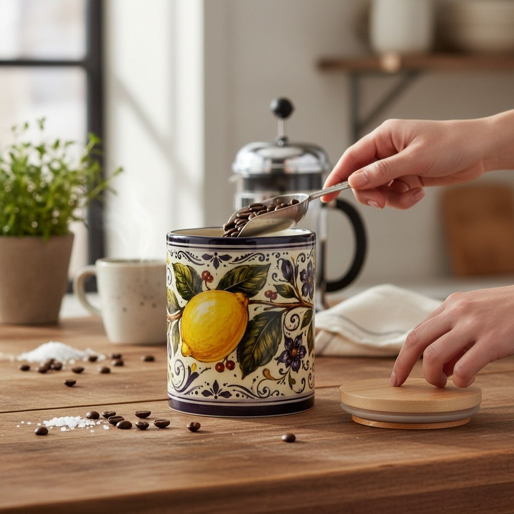 Ceramic Kitchen Jar Italian Design, 11 oz Storage Canister with Wood Lid